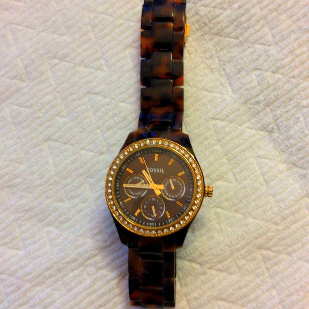 Fossil watch, brown acetate and gold, rhinestone around face, approx 41mm